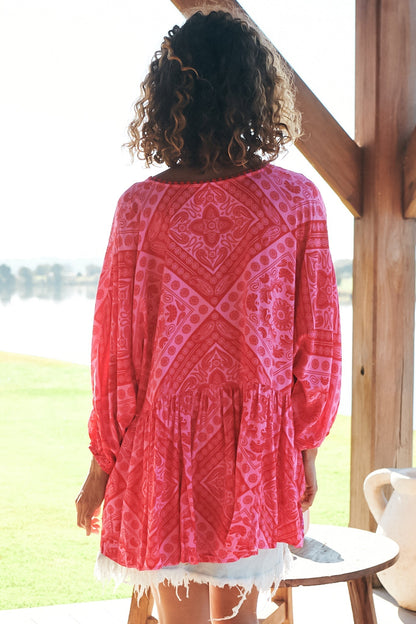 JAASE - Chloe Top: Very Oversized Crochet Trim Neckline Smock Top in Amore Print