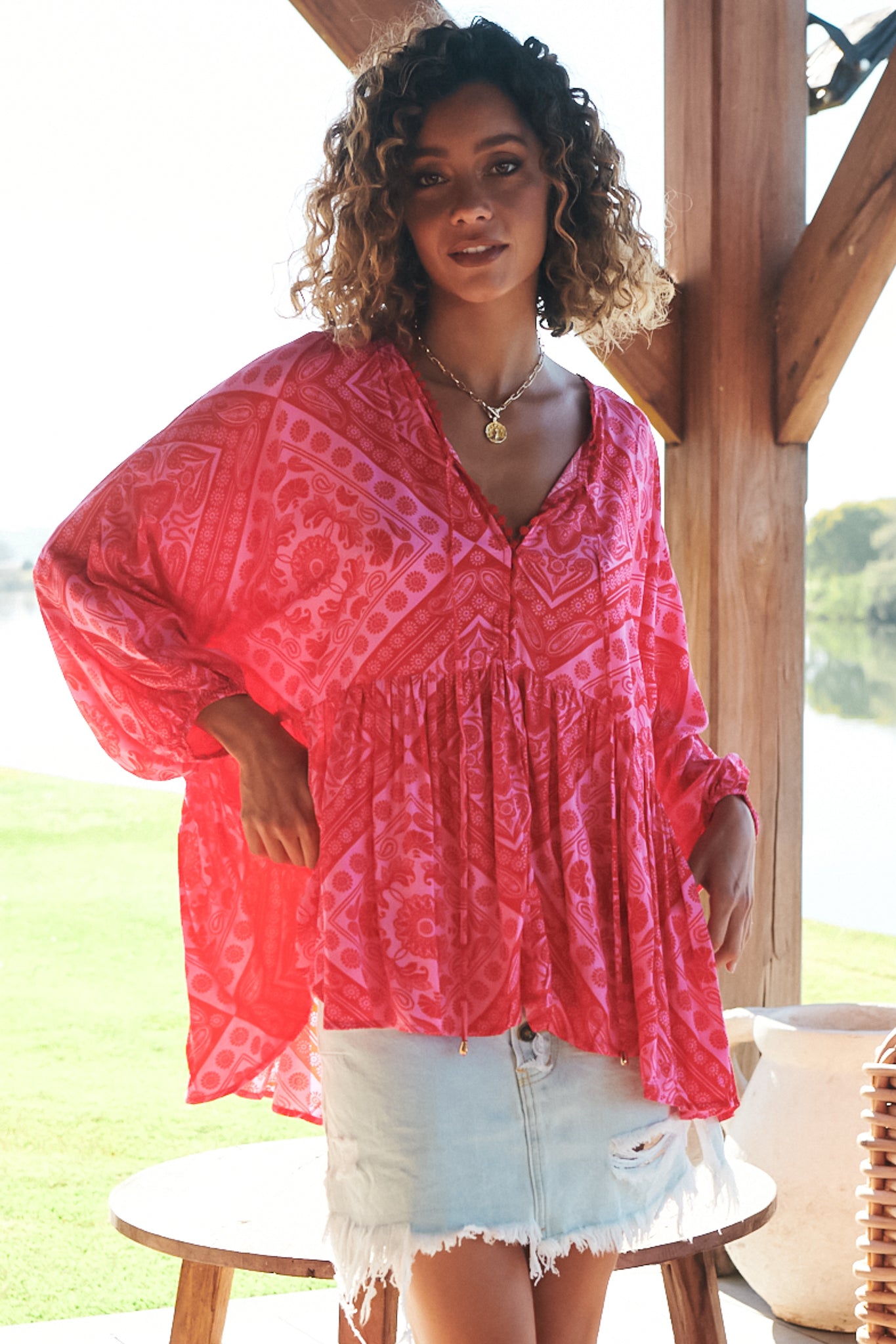 JAASE - Chloe Top: Very Oversized Crochet Trim Neckline Smock Top in Amore Print