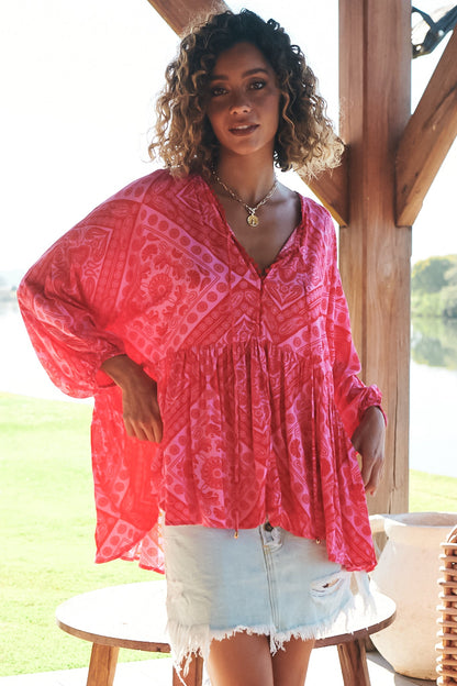 JAASE - Chloe Top: Very Oversized Crochet Trim Neckline Smock Top in Amore Print