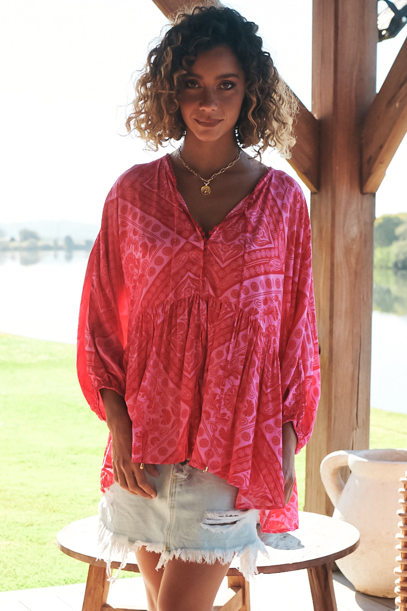JAASE - Chloe Top: Very Oversized Crochet Trim Neckline Smock Top in Amore Print