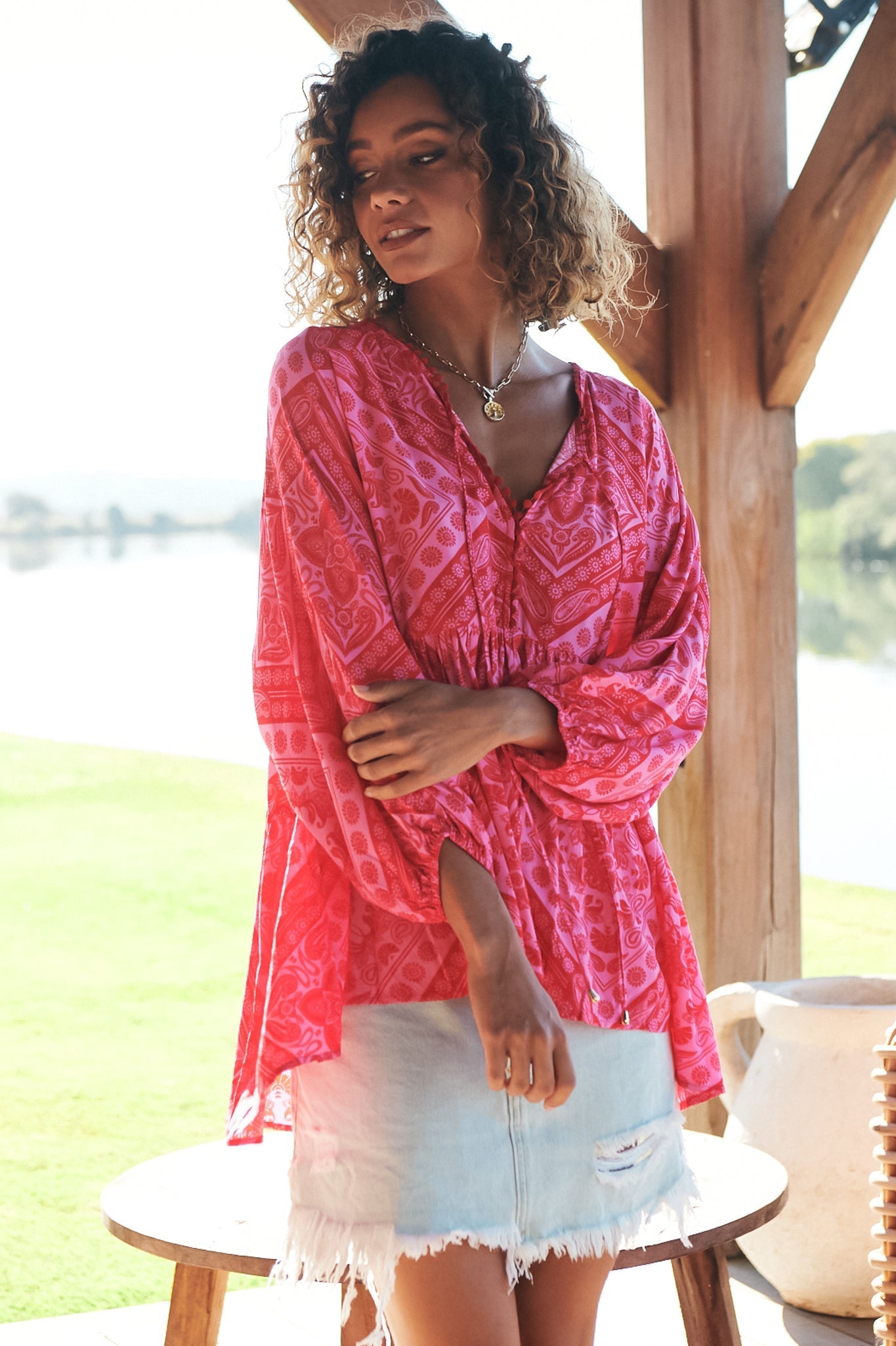 JAASE - Chloe Top: Very Oversized Crochet Trim Neckline Smock Top in Amore Print
