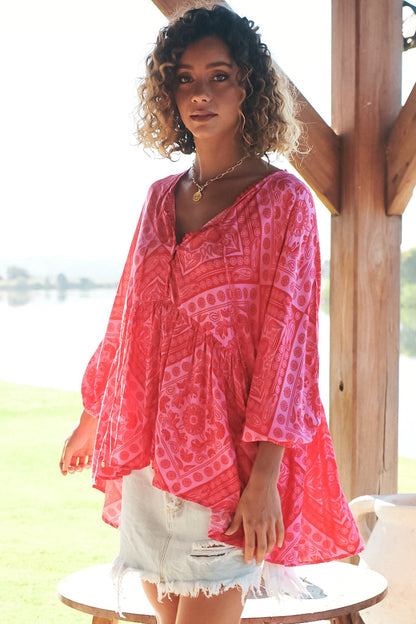 JAASE - Chloe Top: Very Oversized Crochet Trim Neckline Smock Top in Amore Print