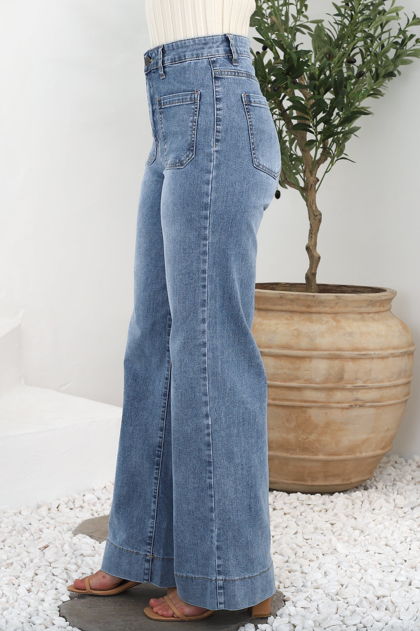 Cindy Wide Leg Jeans in Stone Wash Denim