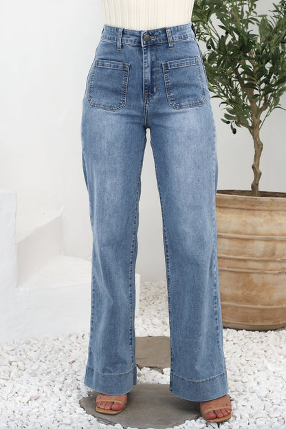 Cindy Wide Leg Jeans in Stone Wash Denim