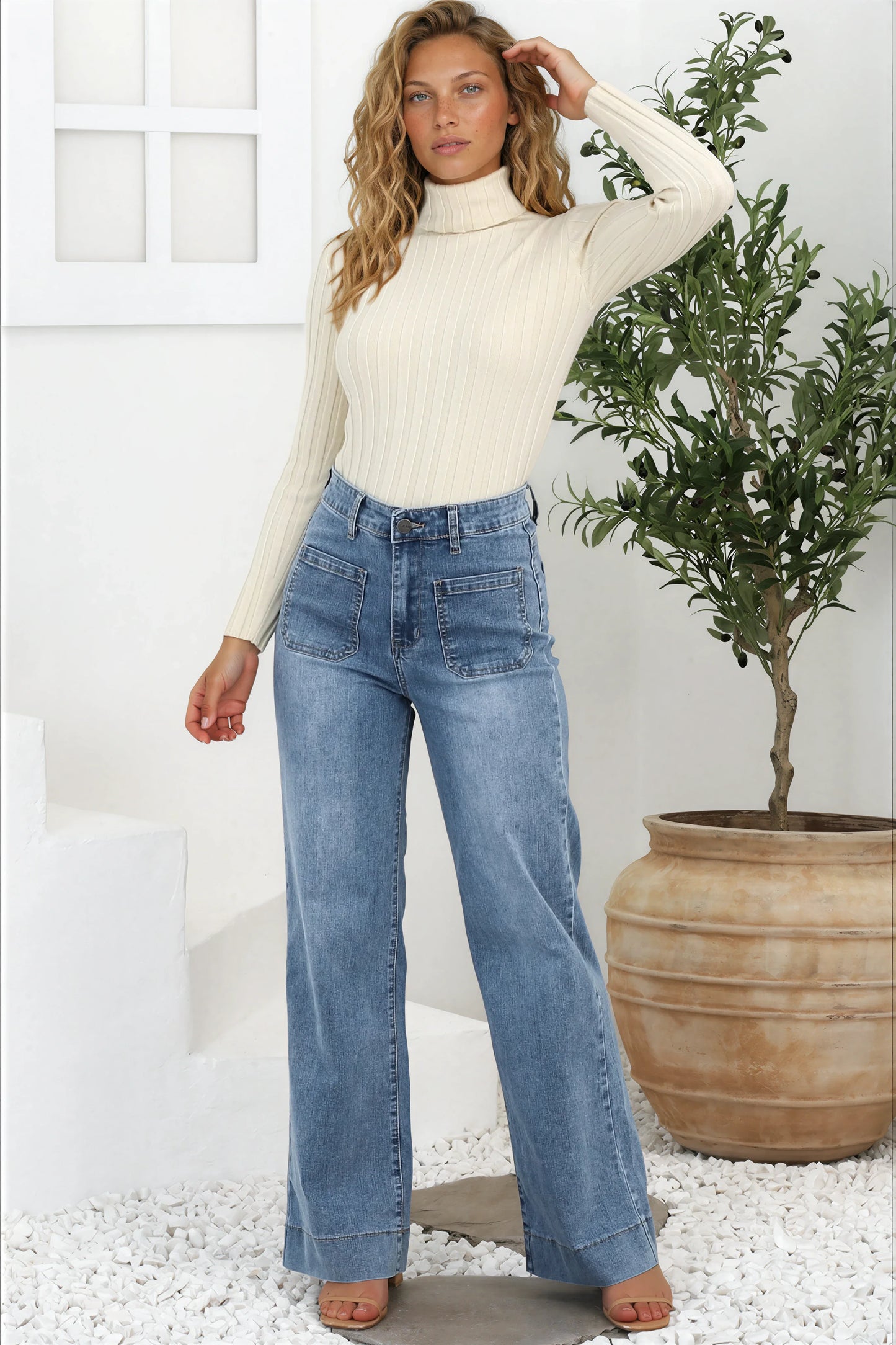 Cindy Wide Leg Jeans in Stone Wash Denim