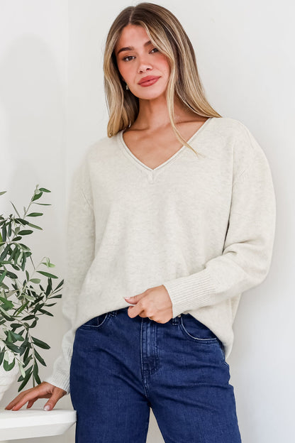 Clarke Jumper - V-Neck Batwing Sleeve Ribbed Step Hemline Knit in Beige