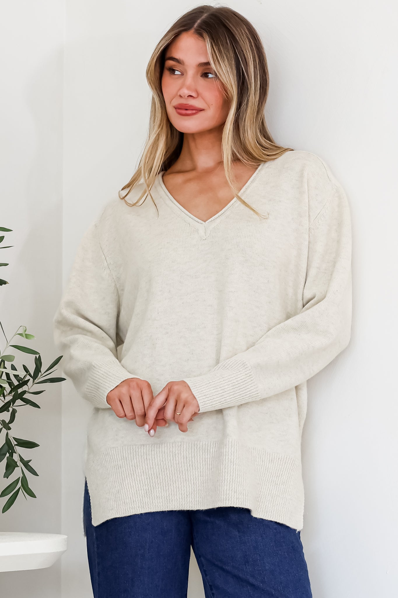 Clarke Jumper - V-Neck Batwing Sleeve Ribbed Step Hemline Knit in Beige
