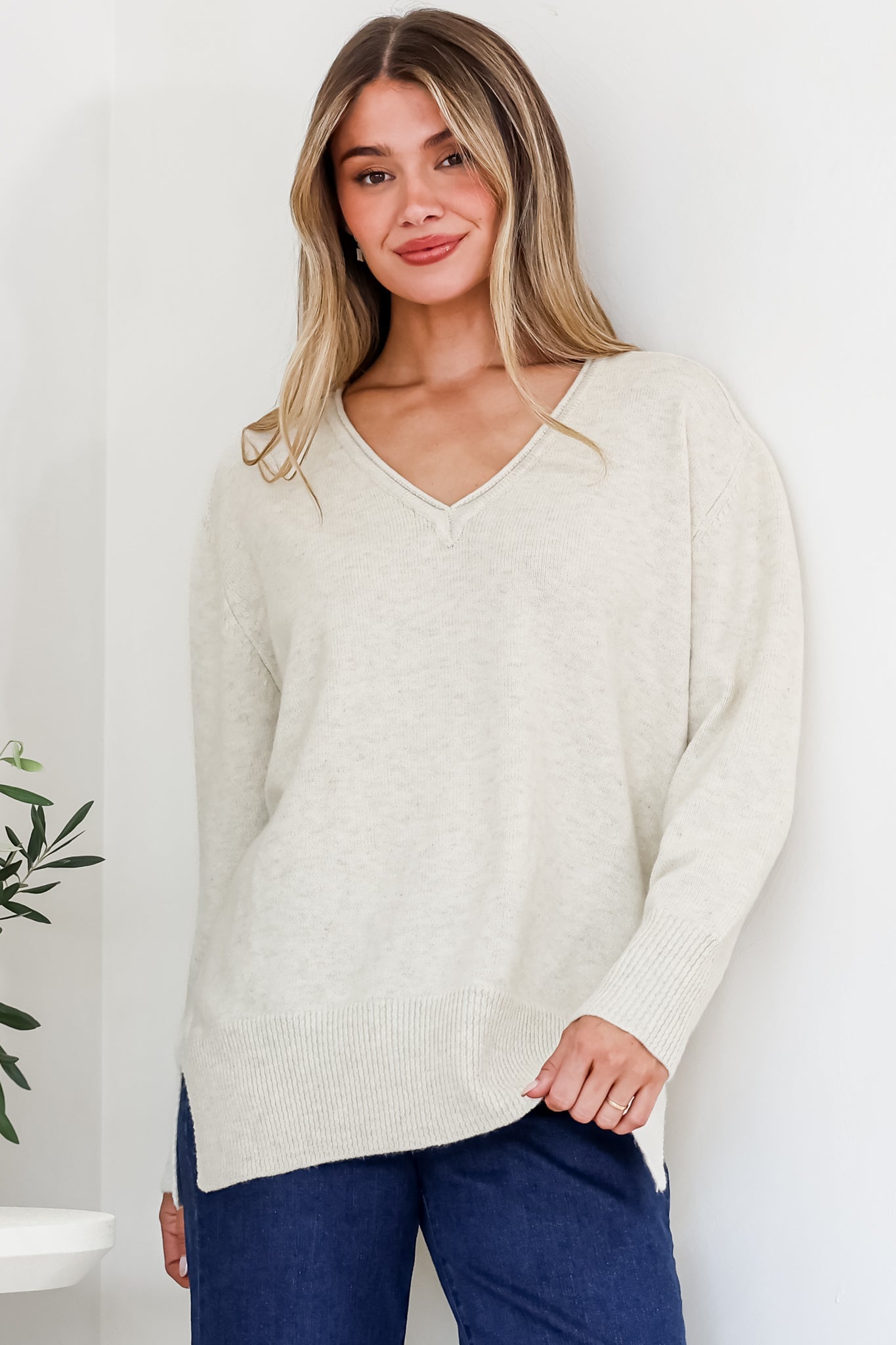 Clarke Jumper - V-Neck Batwing Sleeve Ribbed Step Hemline Knit in Beige