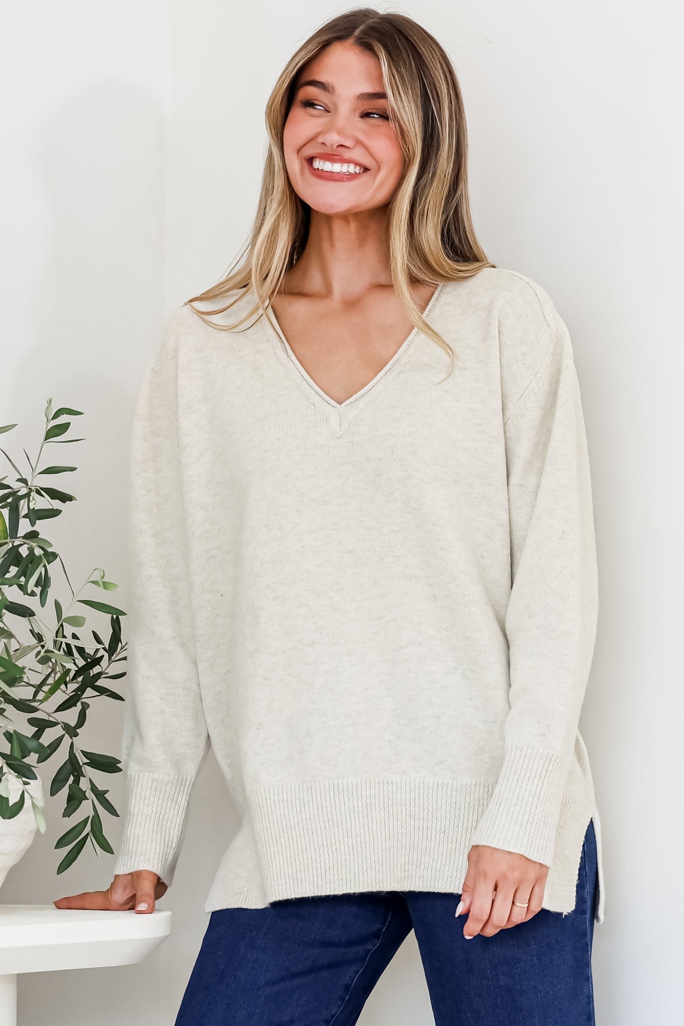 Clarke Jumper - V-Neck Batwing Sleeve Ribbed Step Hemline Knit in Beige