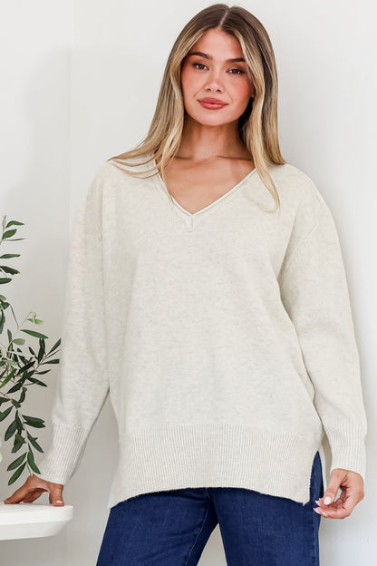 Clarke Jumper - V-Neck Batwing Sleeve Ribbed Step Hemline Knit in Beige