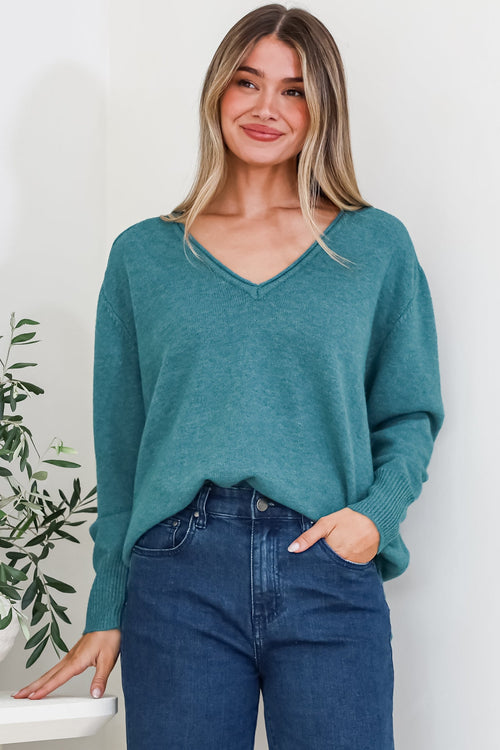 Clarke Jumper - V-Neck Batwing Sleeve Ribbed Step Hemline Knit in Teal