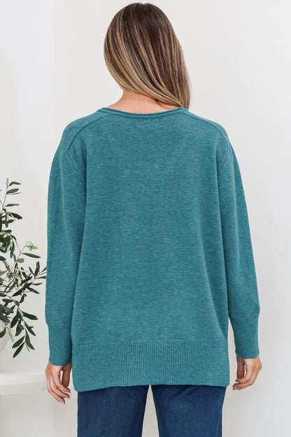 Clarke Jumper - V-Neck Batwing Sleeve Ribbed Step Hemline Knit in Teal