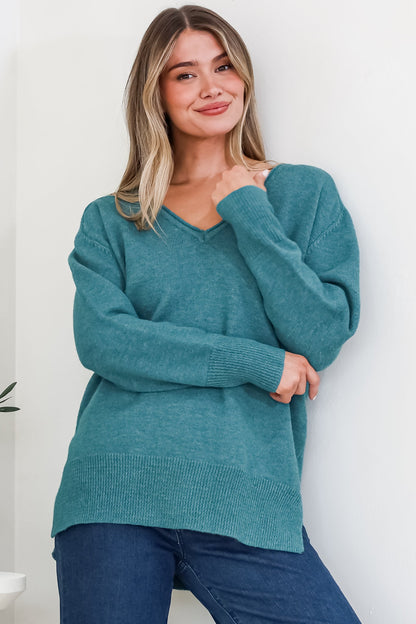 Clarke Jumper - V-Neck Batwing Sleeve Ribbed Step Hemline Knit in Teal