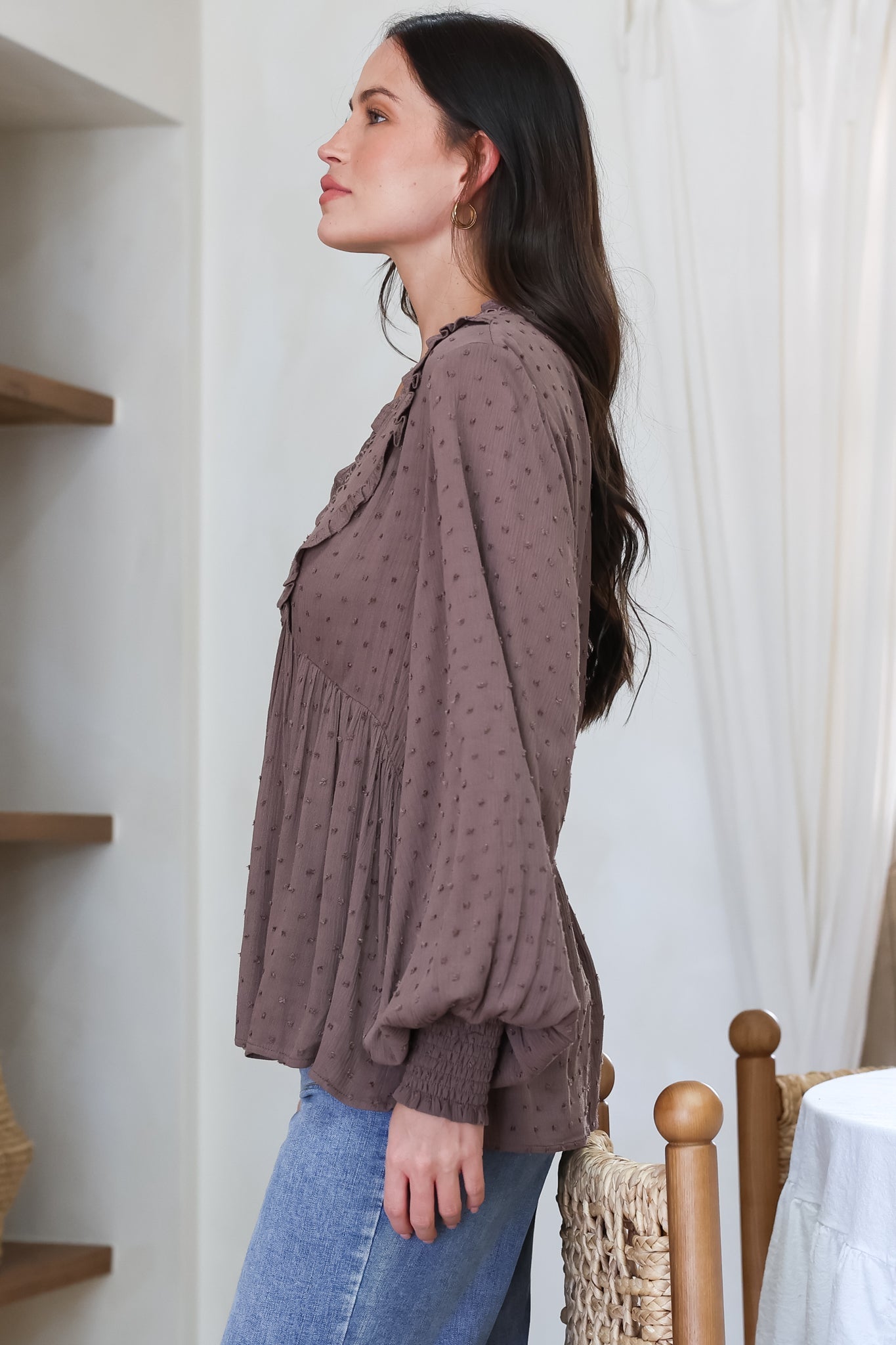 Coral Top - Frill Neckline Empire Bustline Textured Top with Long Balloon Sleeves in Chocolate