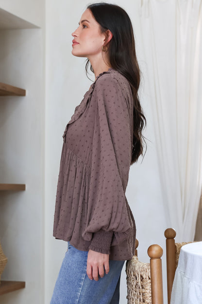 Coral Top - Frill Neckline Empire Bustline Textured Top with Long Balloon Sleeves in Chocolate