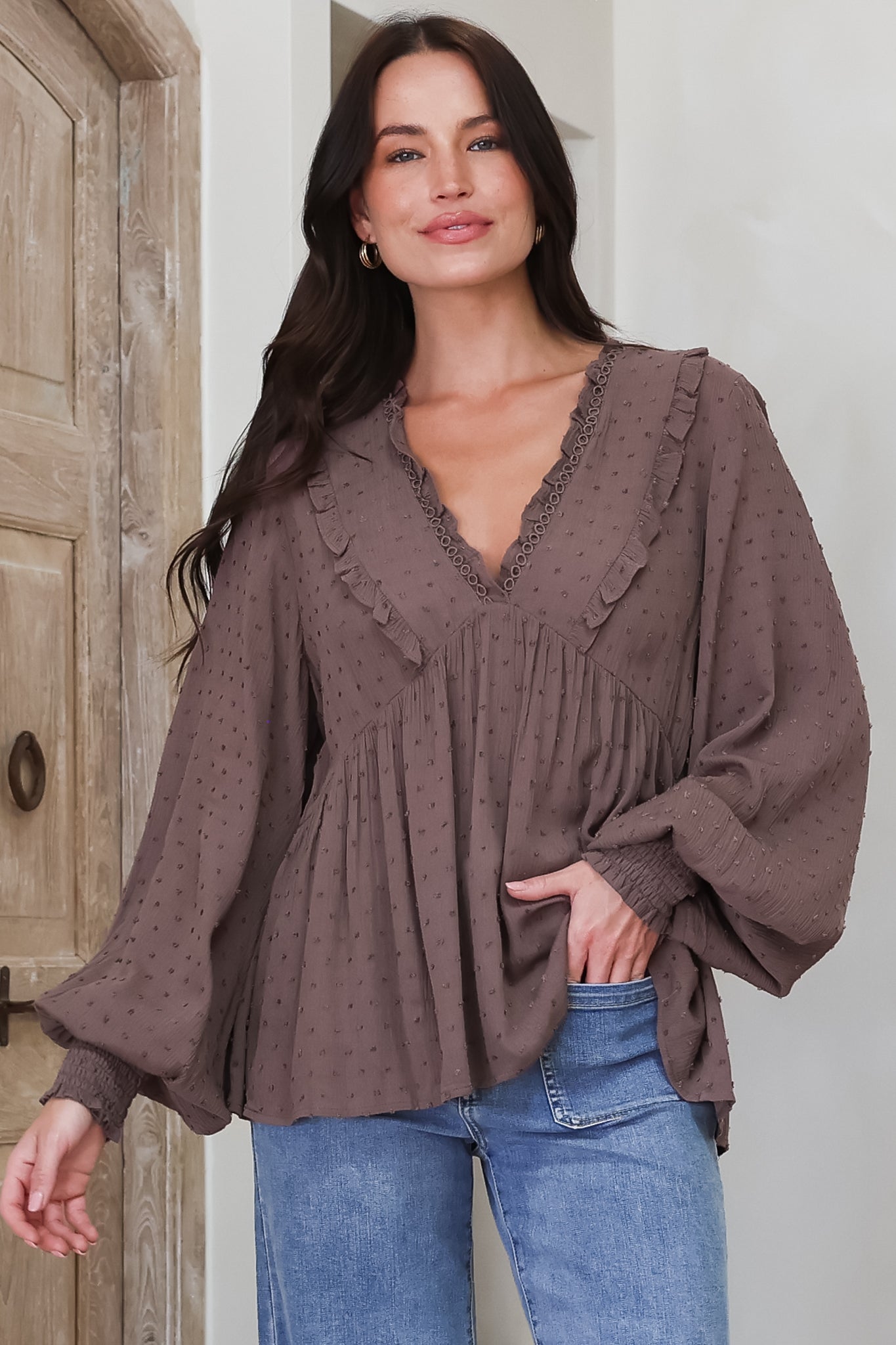 Coral Top - Frill Neckline Empire Bustline Textured Top with Long Balloon Sleeves in Chocolate
