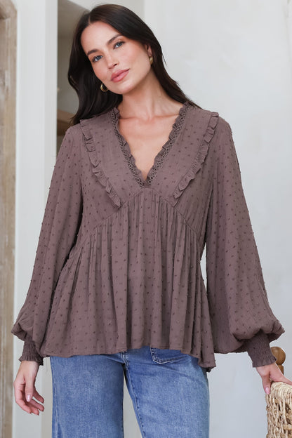 Coral Top - Frill Neckline Empire Bustline Textured Top with Long Balloon Sleeves in Chocolate