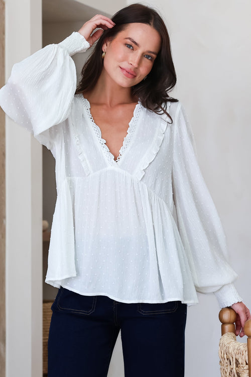 Coral Top - Frill Neckline Empire Bustline Textured Top with Long Balloon Sleeves in White