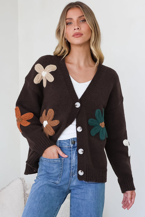 Daisy Belle Cardigan - Cropped Thick Knit Cardigan with Flower Decals in Chocolate Multi