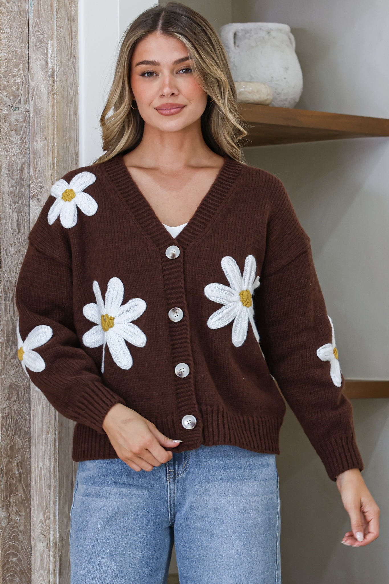 Daisy Belle Cardigan - Cropped Thick Knit Cardigan with Flower Decals in Coffee