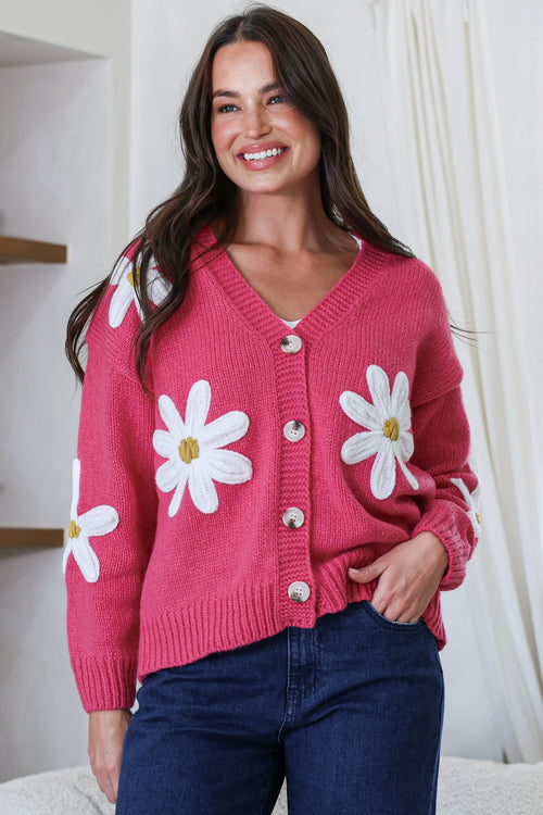 Daisy Belle Cardigan - Cropped Thick Knit Cardigan with Flower Decals in Hot Pink