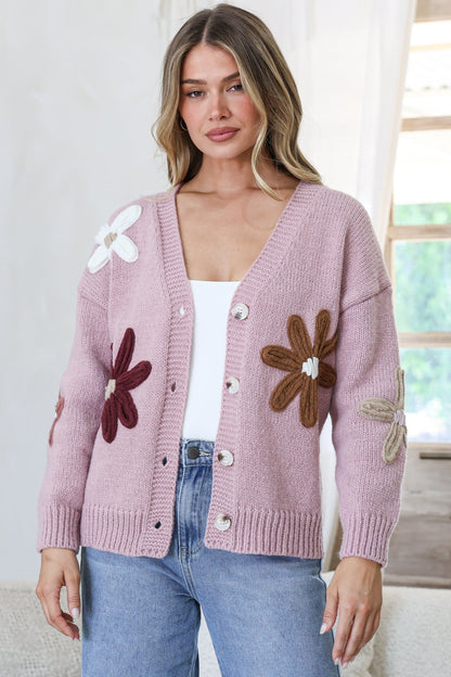 Daisy Belle Cardigan - Cropped Thick Knit Cardigan with Flower Decals in Light Mauve