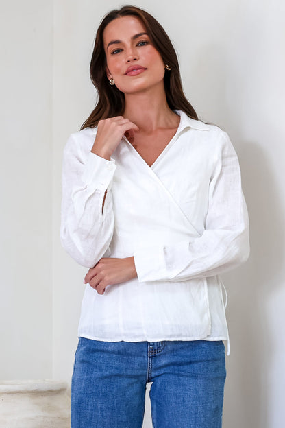 Daley Top - Wing Collar V Neck Wrap at the Waist Linen Top in White