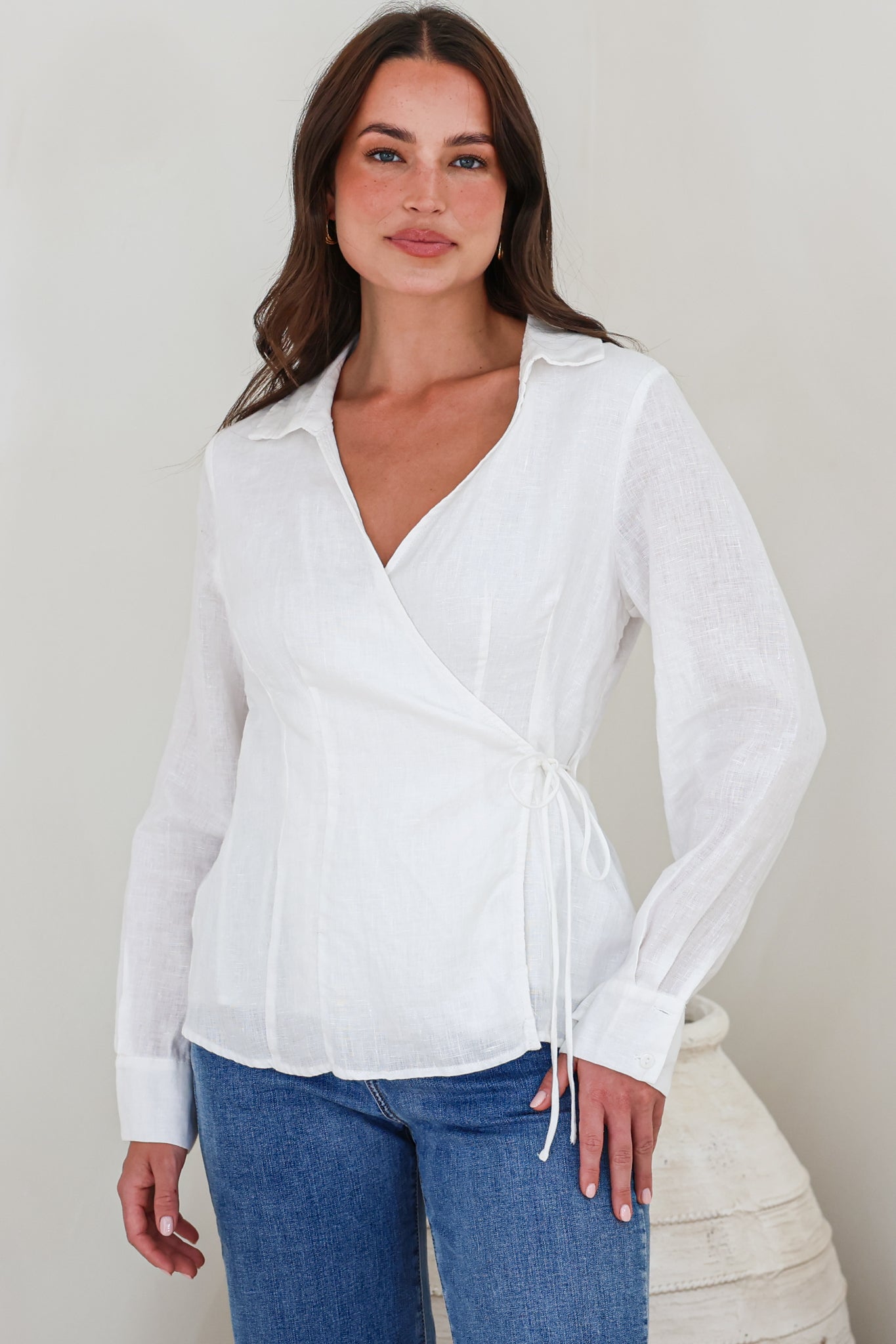 Daley Top - Wing Collar V Neck Wrap at the Waist Linen Top in White