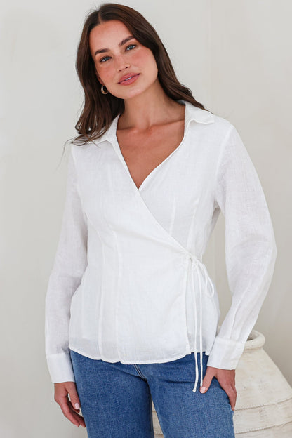 Daley Top - Wing Collar V Neck Wrap at the Waist Linen Top in White