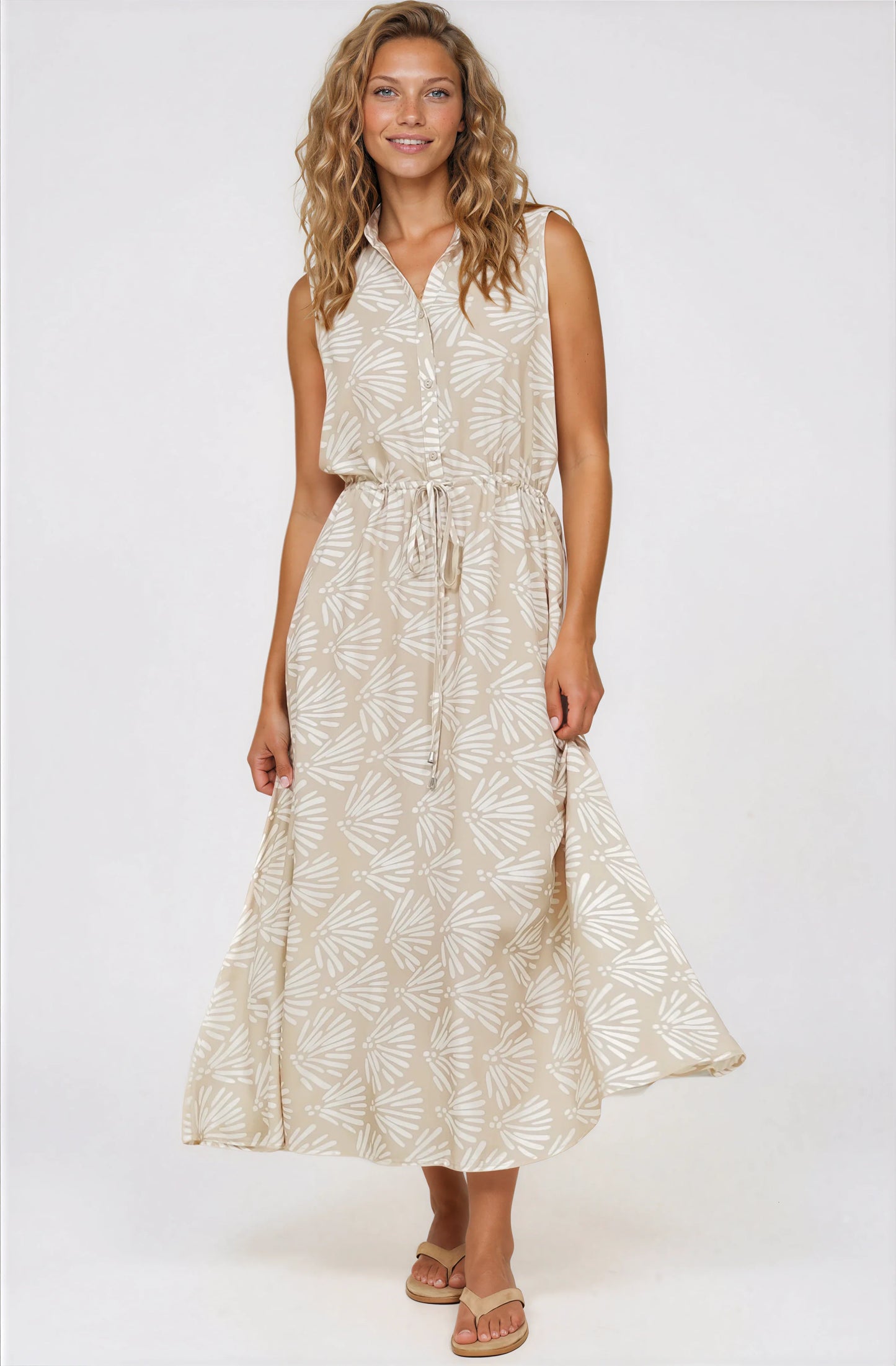 Danika Maxi Dress - Sleeveless Shirt Dress with Pull Waist Tie in Catia Print Beige