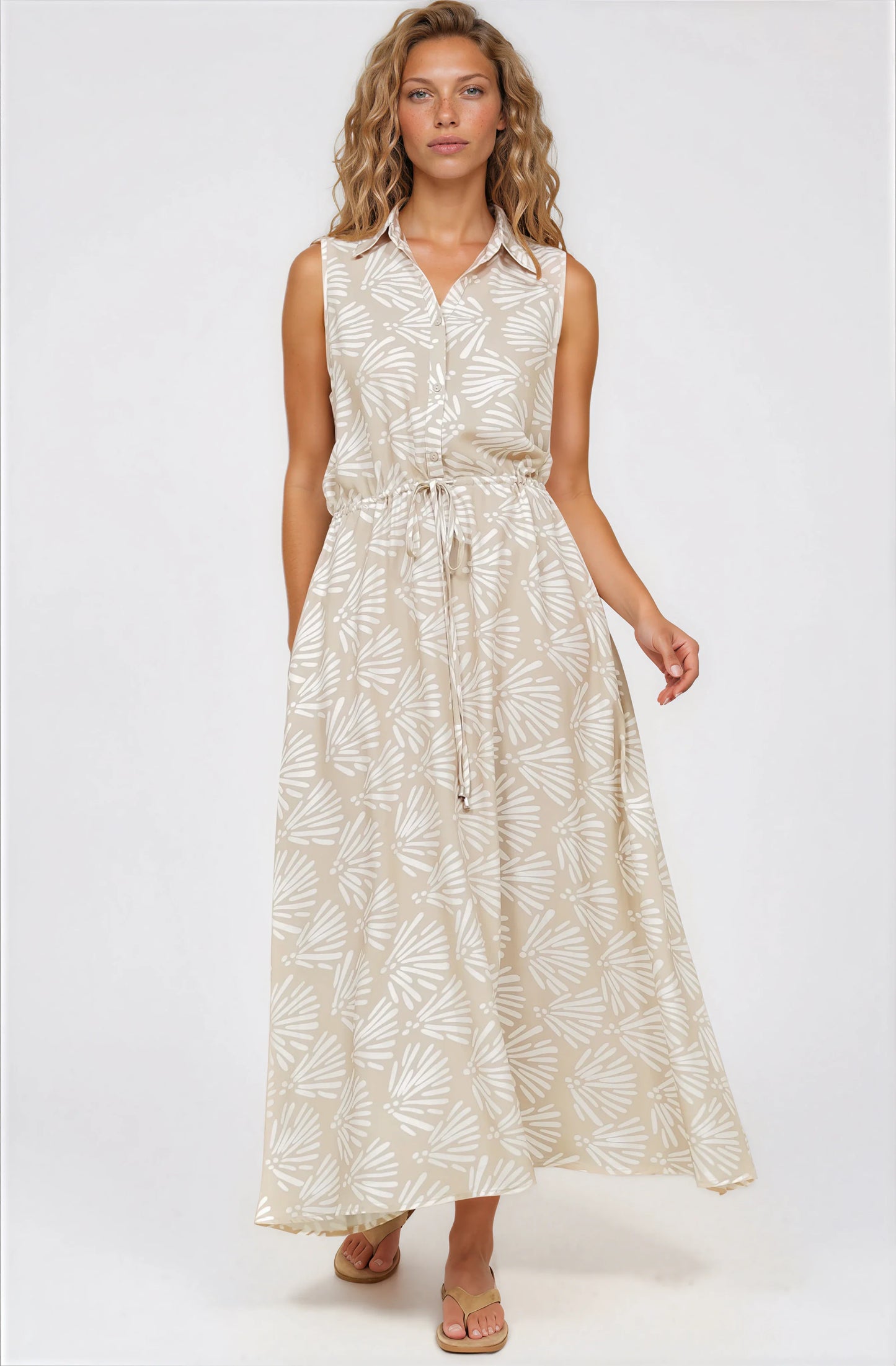 Danika Maxi Dress - Sleeveless Shirt Dress with Pull Waist Tie in Catia Print Beige