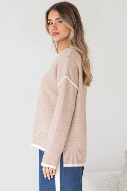 Dean Jumper - Crew Neck Contrast Trim Step Hem Knit in Latte