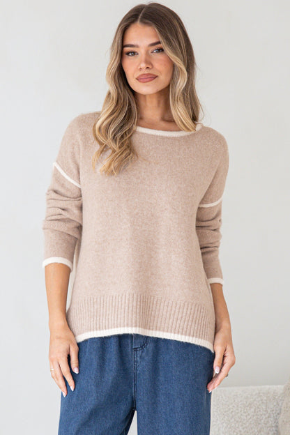 Dean Jumper - Crew Neck Contrast Trim Step Hem Knit in Latte