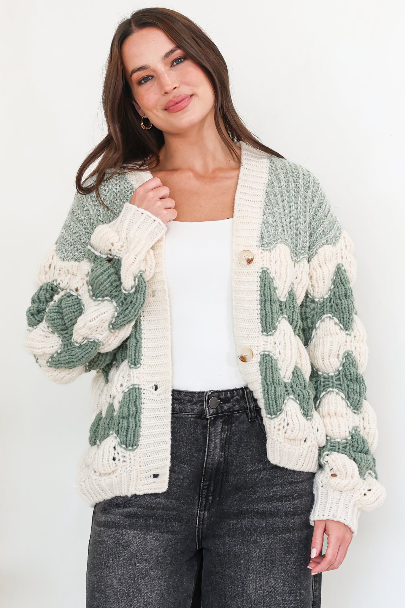 Deborah Cardigan - Relaxed Button Front Stripe Bubble Knit in Green