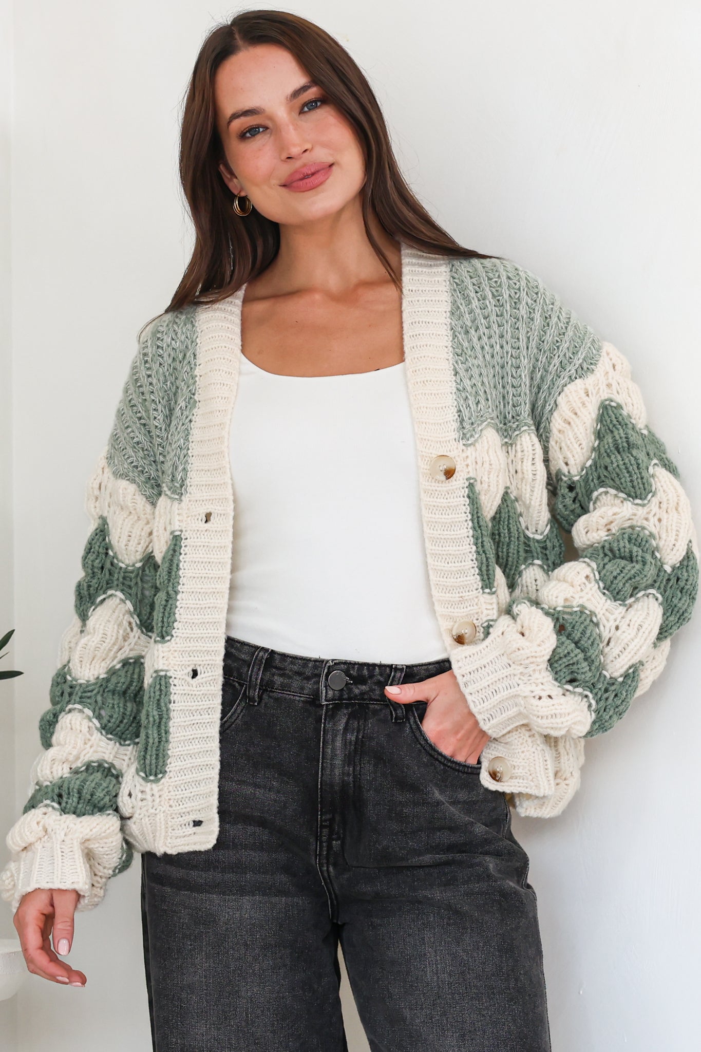 Deborah Cardigan - Relaxed Button Front Stripe Bubble Knit in Green