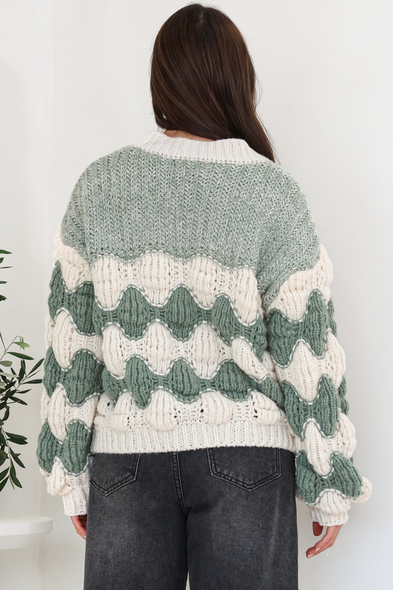 Deborah Cardigan - Relaxed Button Front Stripe Bubble Knit in Green