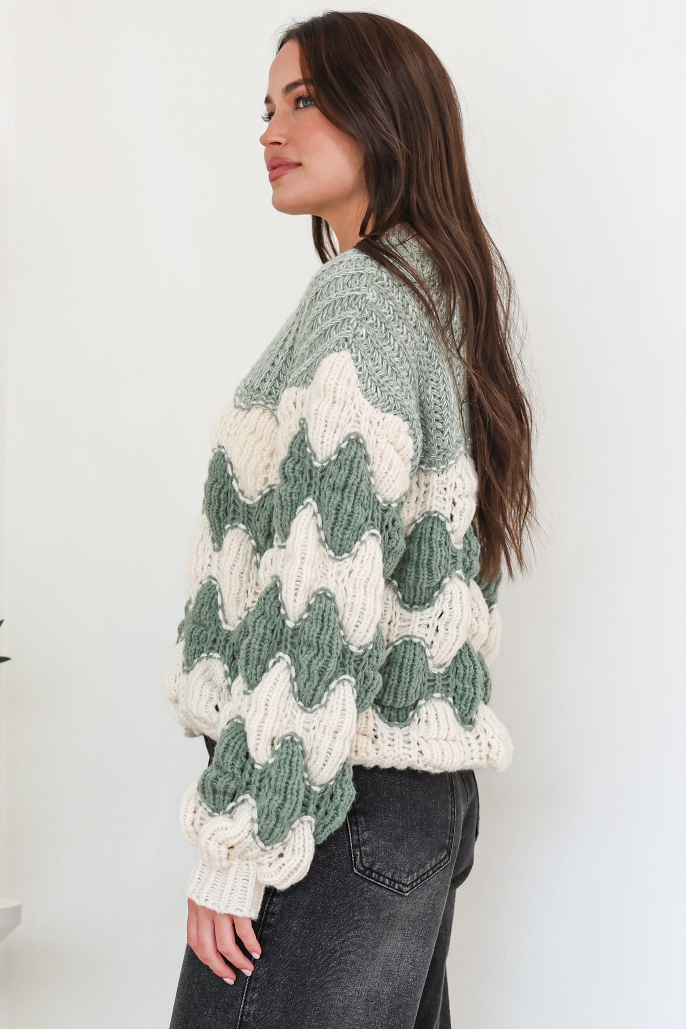 Deborah Cardigan - Relaxed Button Front Stripe Bubble Knit in Green