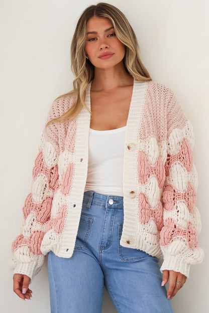 Deborah Cardigan - Relaxed Button Front Stripe Bubble Knit in Pink