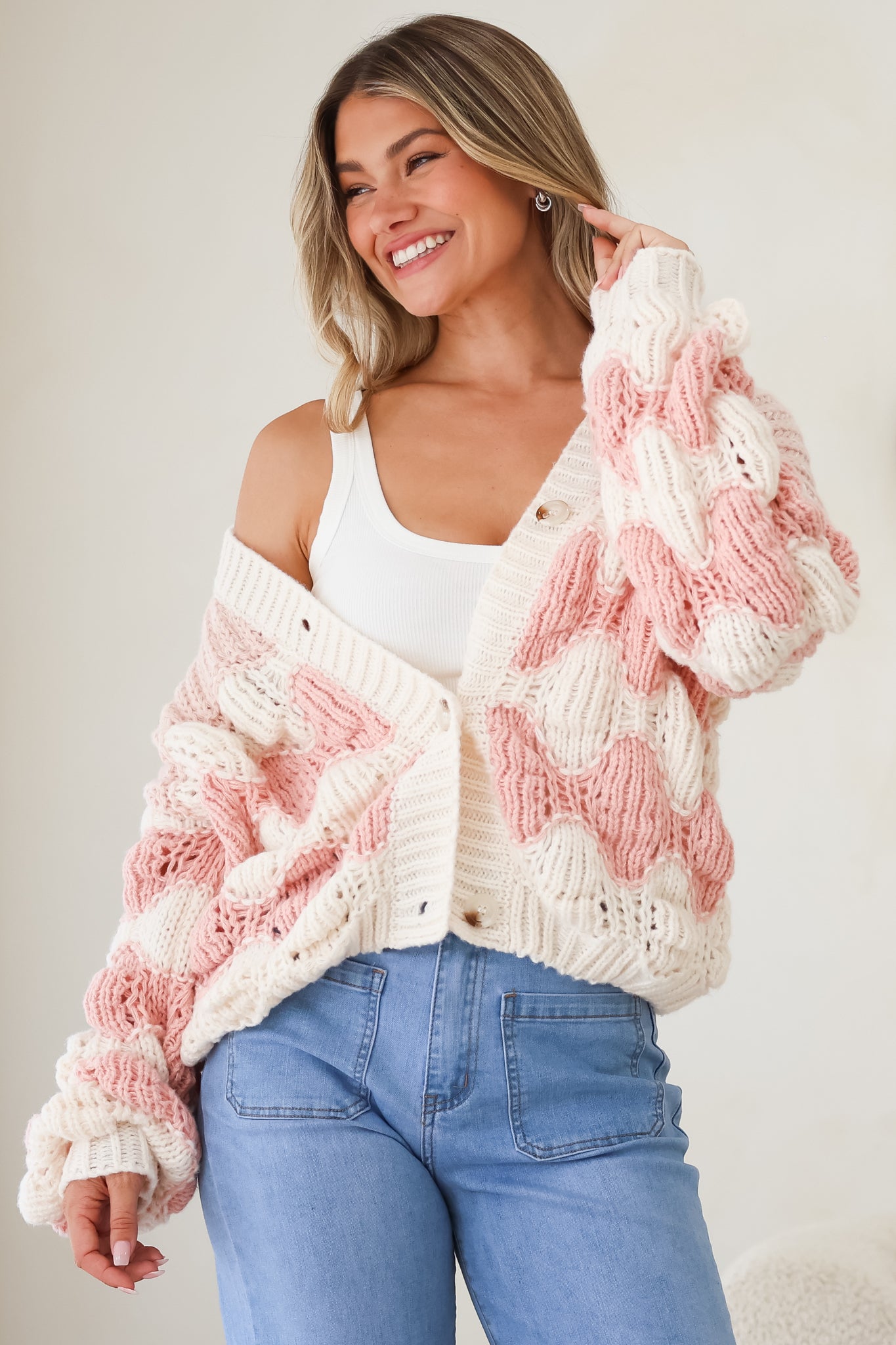 Deborah Cardigan - Relaxed Button Front Stripe Bubble Knit in Pink