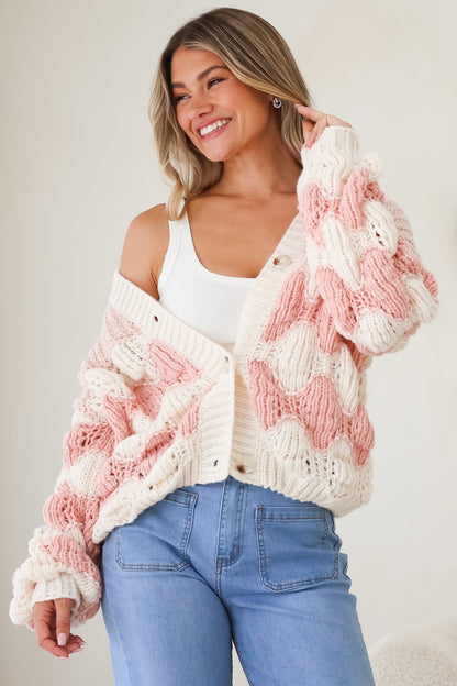 Deborah Cardigan - Relaxed Button Front Stripe Bubble Knit in Pink