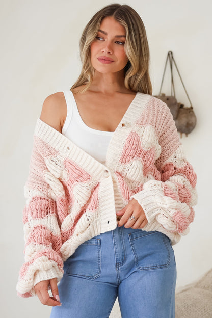 Deborah Cardigan - Relaxed Button Front Stripe Bubble Knit in Pink