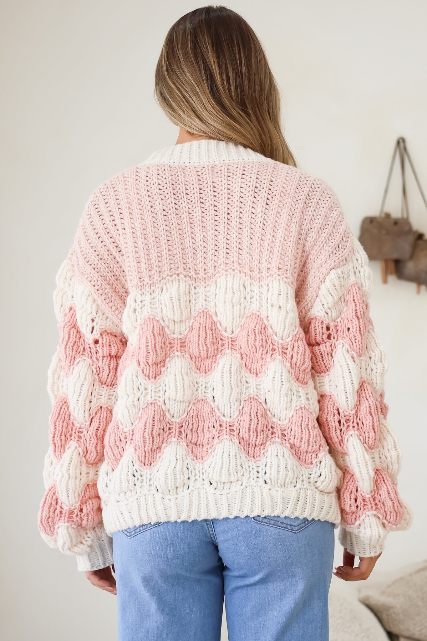 Deborah Cardigan - Relaxed Button Front Stripe Bubble Knit in Pink