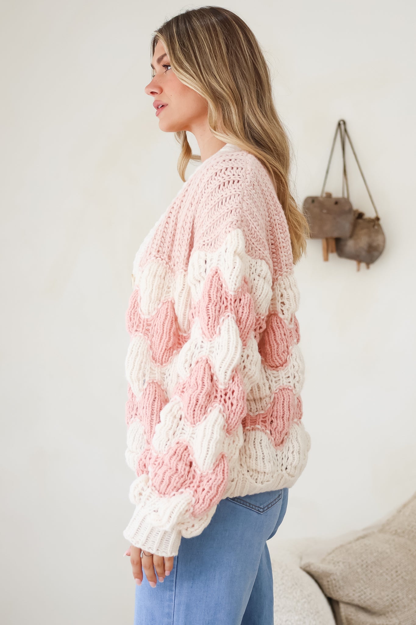 Deborah Cardigan - Relaxed Button Front Stripe Bubble Knit in Pink