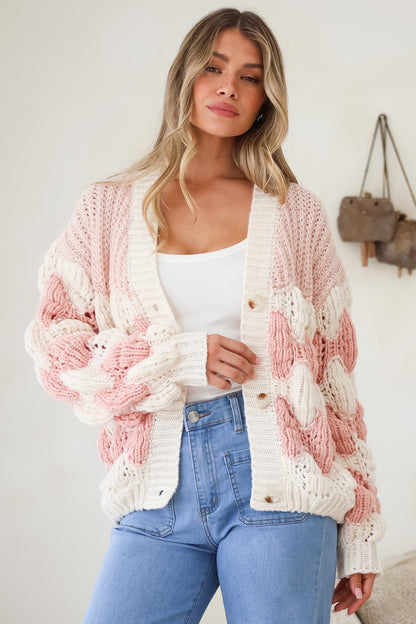 Deborah Cardigan - Relaxed Button Front Stripe Bubble Knit in Pink