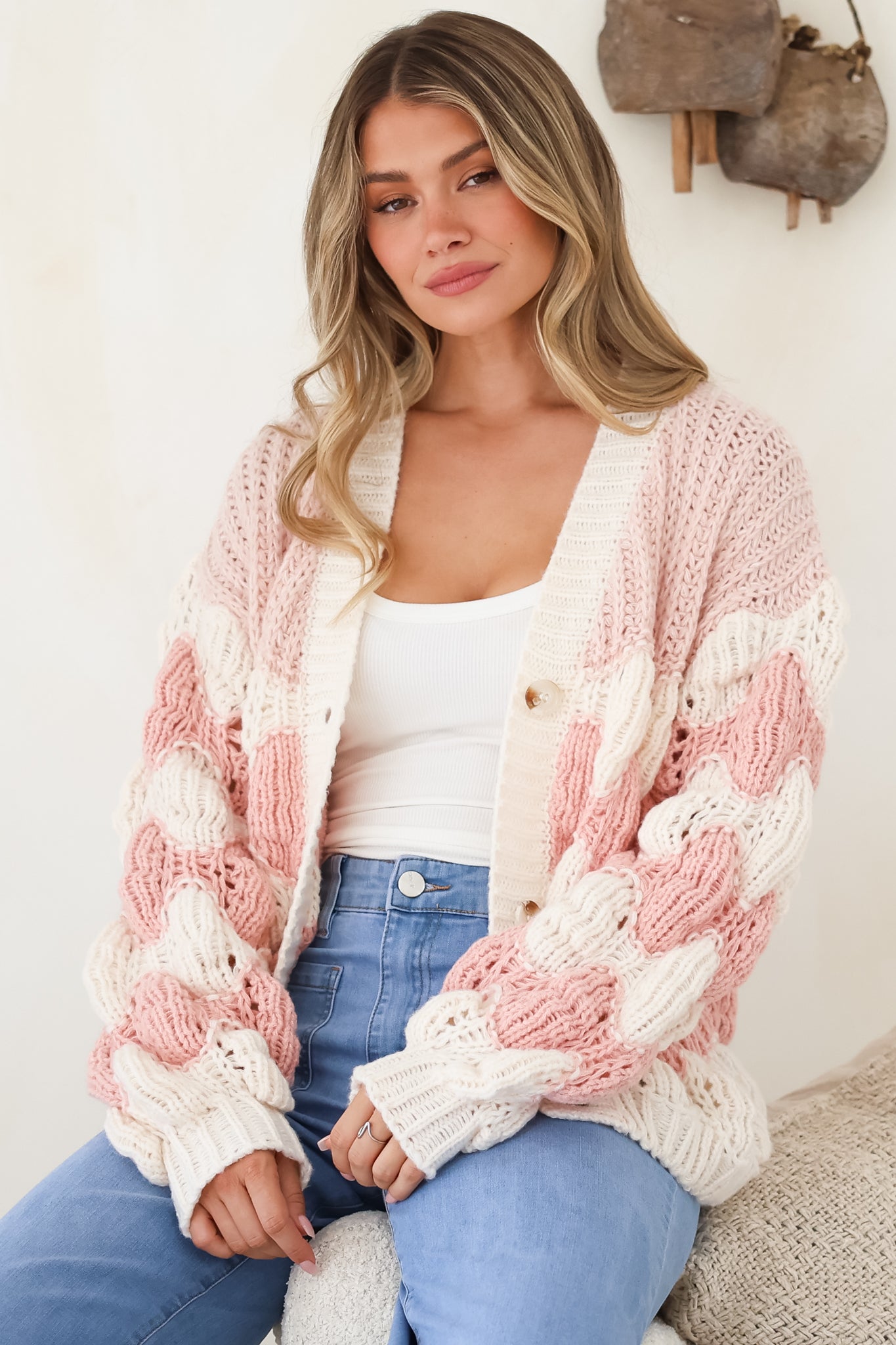 Deborah Cardigan - Relaxed Button Front Stripe Bubble Knit in Pink