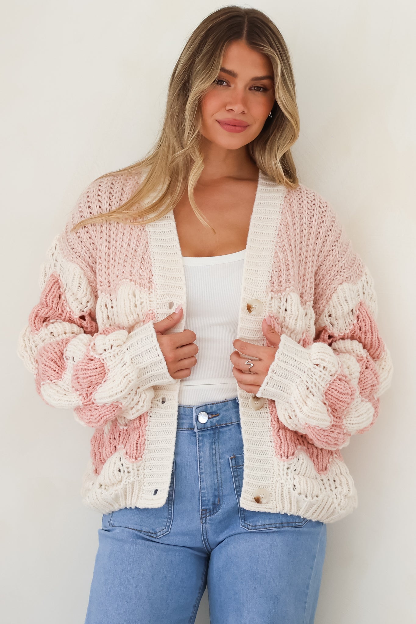 Deborah Cardigan - Relaxed Button Front Stripe Bubble Knit in Pink