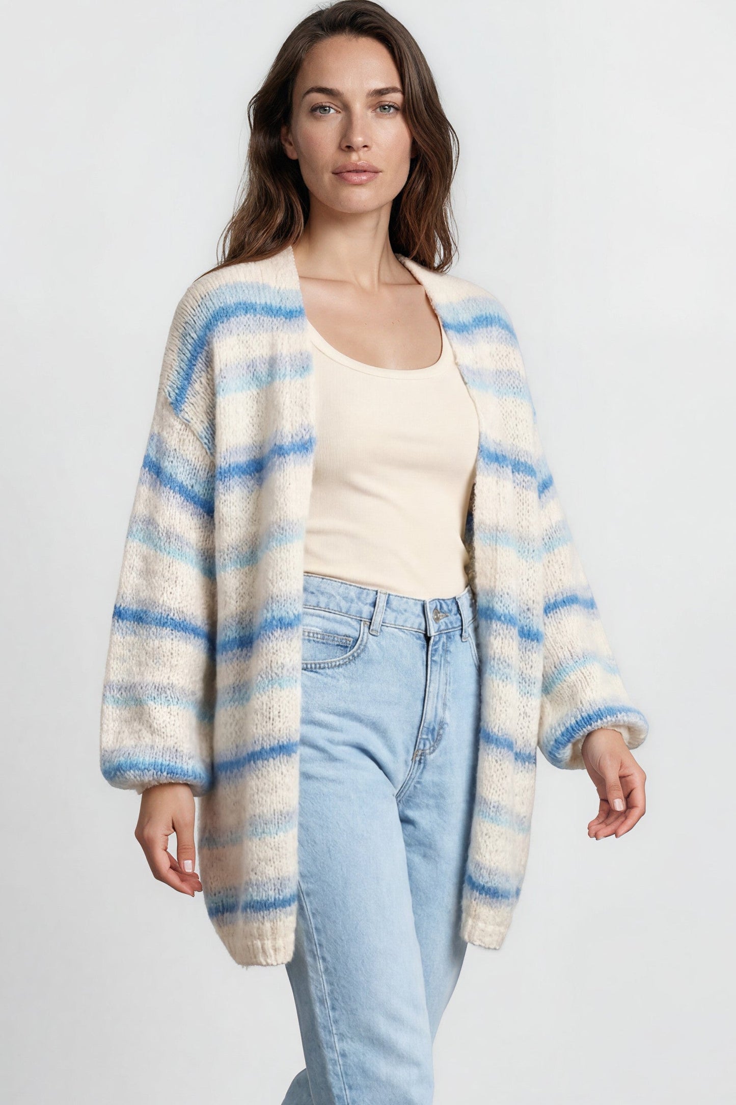Delaney Cardigan - Open Front Stripe Knit with Pockets in Blue