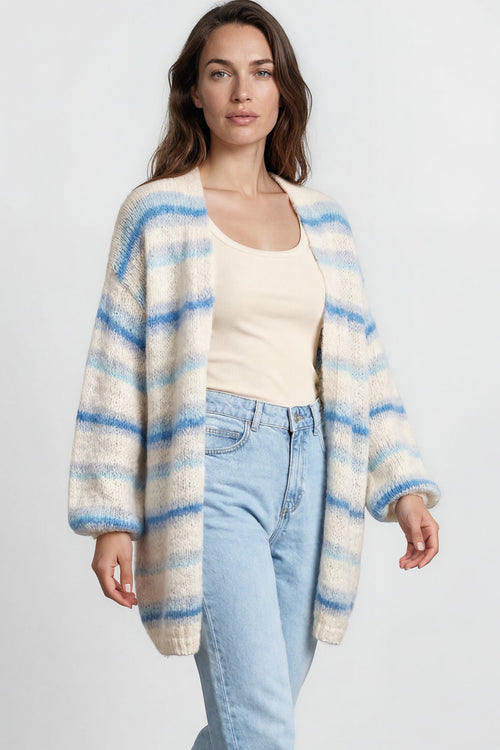 Delaney Cardigan - Open Front Stripe Knit with Pockets in Blue