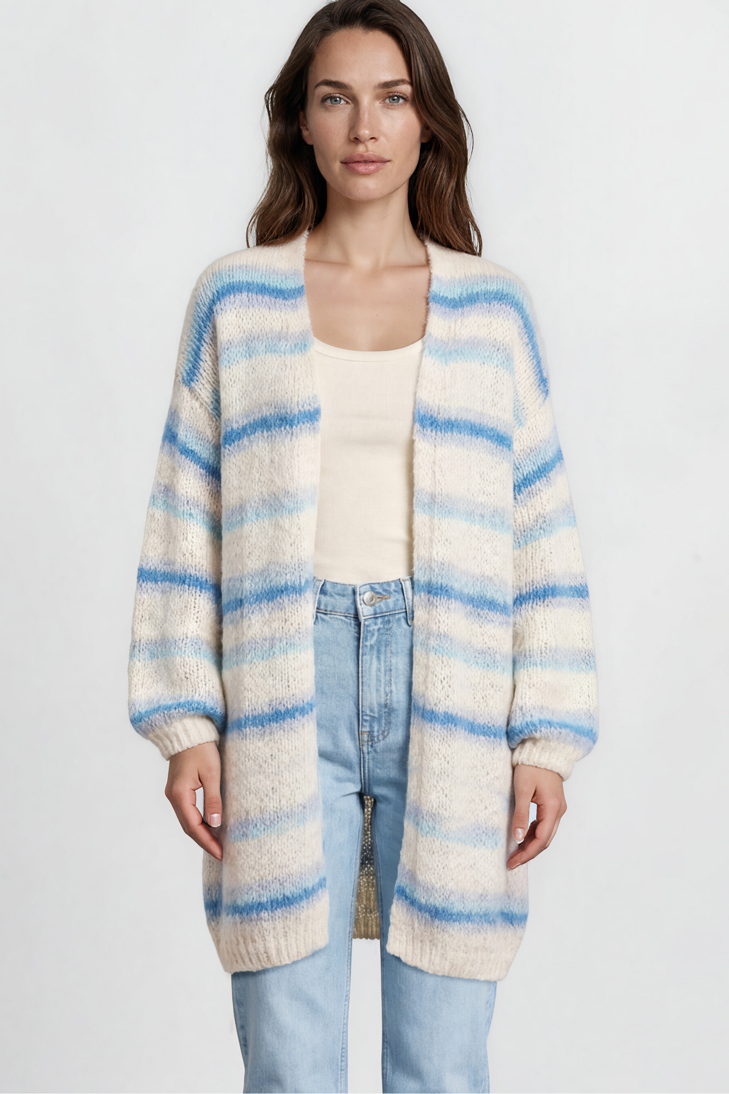 Delaney Cardigan - Open Front Stripe Knit with Pockets in Blue
