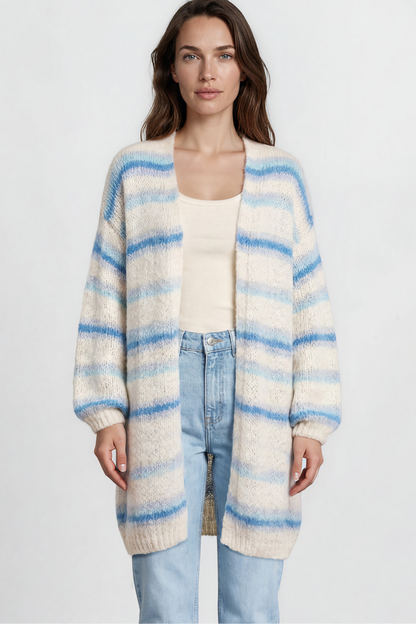 Delaney Cardigan - Open Front Stripe Knit with Pockets in Blue